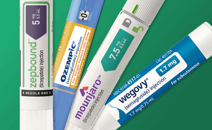 Ozempic, Wegovy, Zepbound, and Mounjaro product boxes